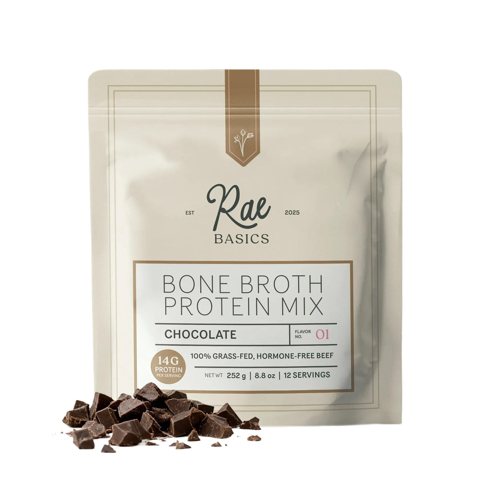Rae Basics Bone Broth Protein chocolate pour for a cocoa-rich cup