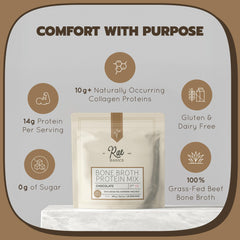 Rae Basics Bone Broth Protein Powder chocolate cup pouring, dairy-free indulgence