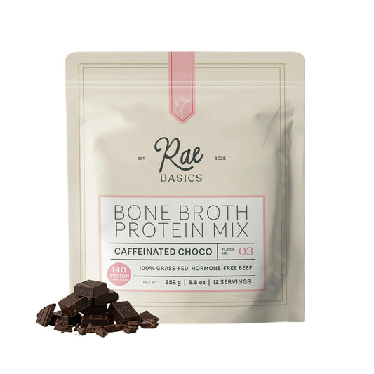 Rae Basics packaging for bone broth protein powder emphasizes clean ingredients.