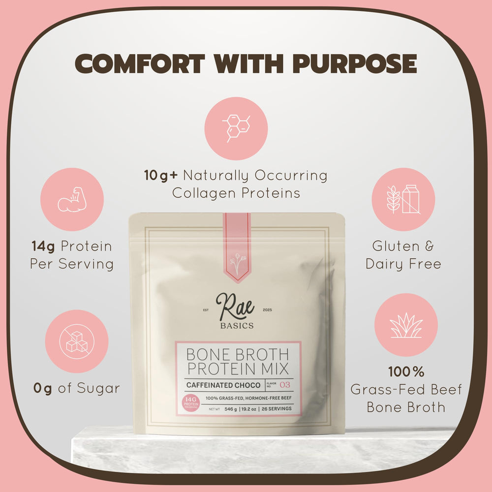 Rae Basics bone broth protein powder scoop ready to mix into a drink.
