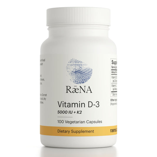 Raena vitamin D3 + K2 bottle shown on shelf for daily use