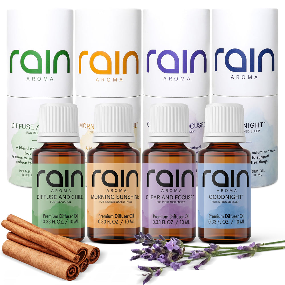 Rain Aroma diffuser oil set lineup with four blends for relaxing home ambiance