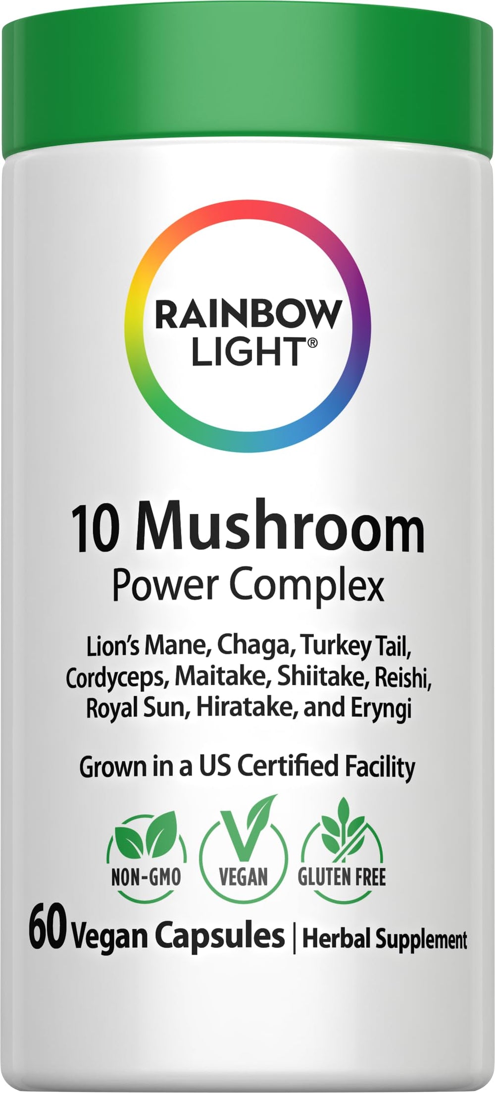 Rainbow Light 10 Mushroom Power Complex bottle with vegan capsules for daily wellness.