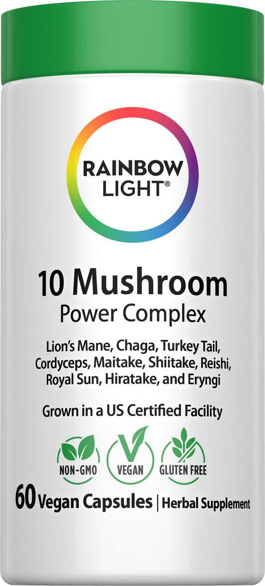 Rainbow Light 10 Mushroom Power Complex bottle with vegan capsules for daily wellness.