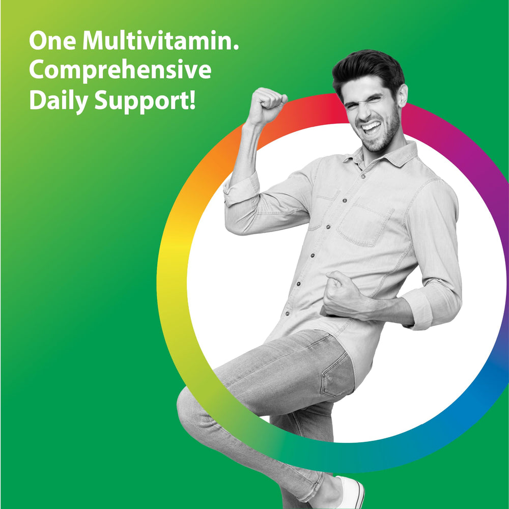 Rainbow Light immunity-support ingredients graphic highlights vitamin C, vitamin D, zinc and probiotics.