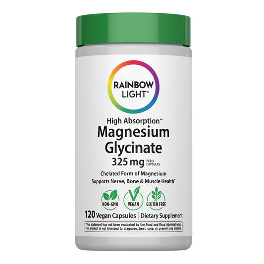 Rainbow Light Magnesium Glycinate 325 mg bottle emphasizes high-absorption formula for daily support.