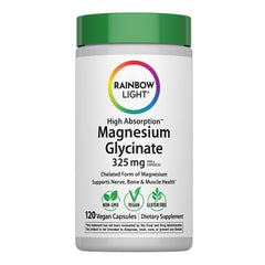 Rainbow Light Magnesium Glycinate 325 mg bottle emphasizes high-absorption formula for daily support.