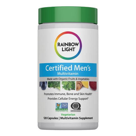 Rainbow Light Men’s Multivitamin bottle front view highlighting immune and energy support.