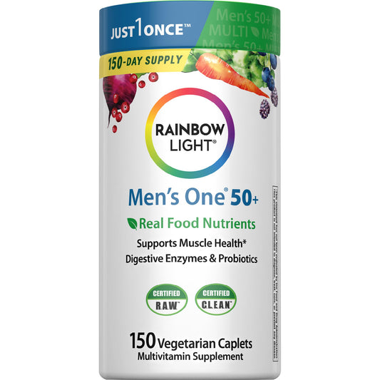 Rainbow Light Mens One 50+ bottle label highlighting high potency nutrients.