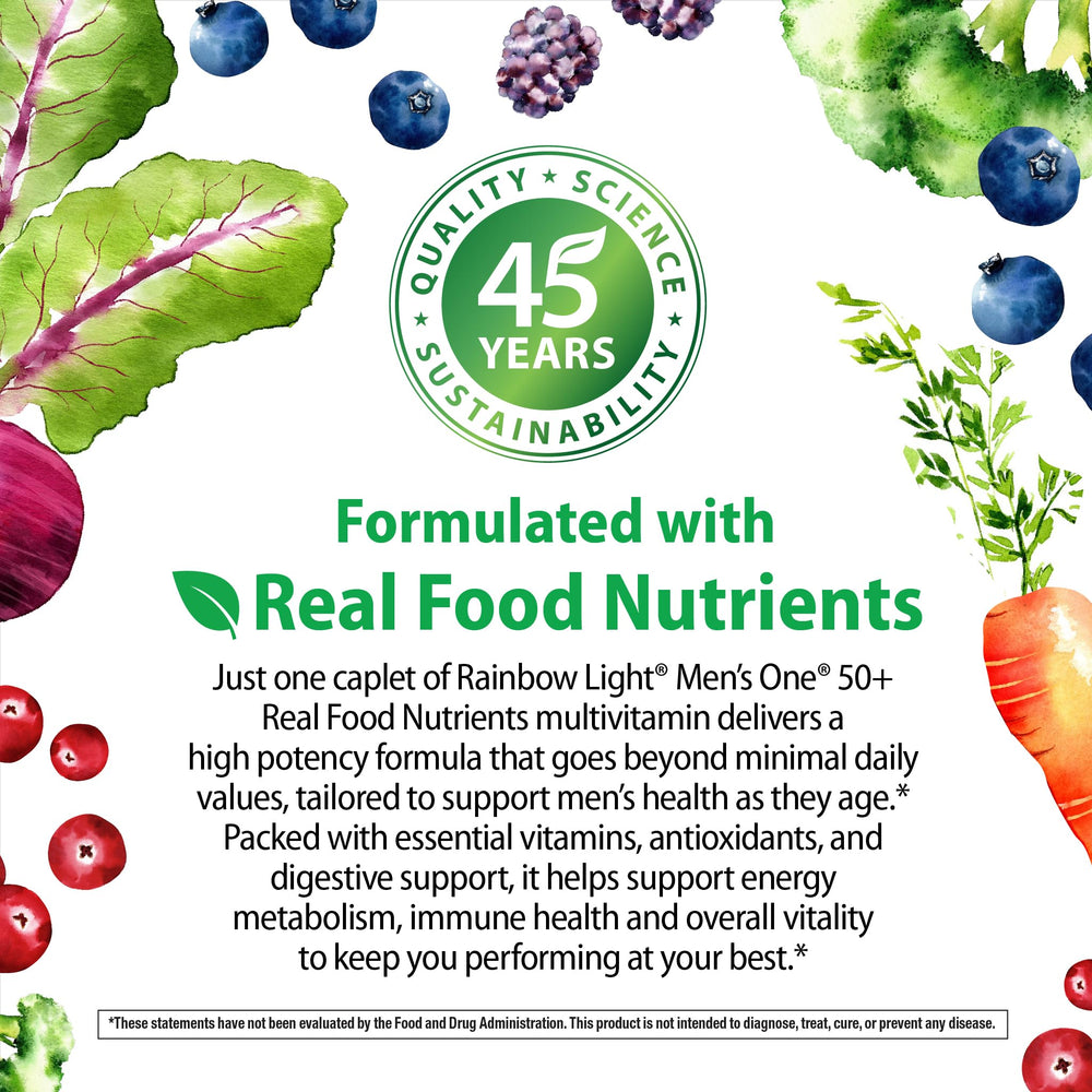 Rainbow Light Mens One 50+ tablets ready for daily nutrient ritual.