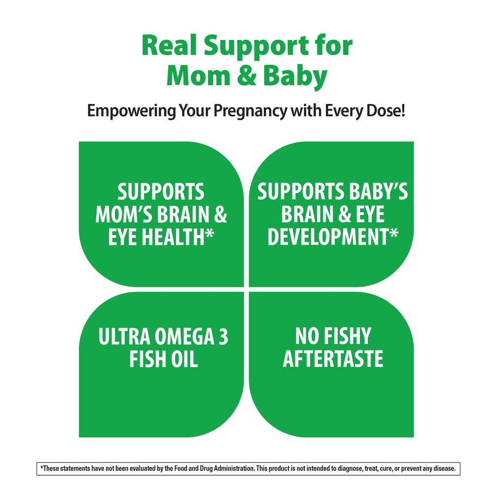 Rainbow Light Prenatal DHA packaging highlighting gluten-free and non-GMO ingredients.