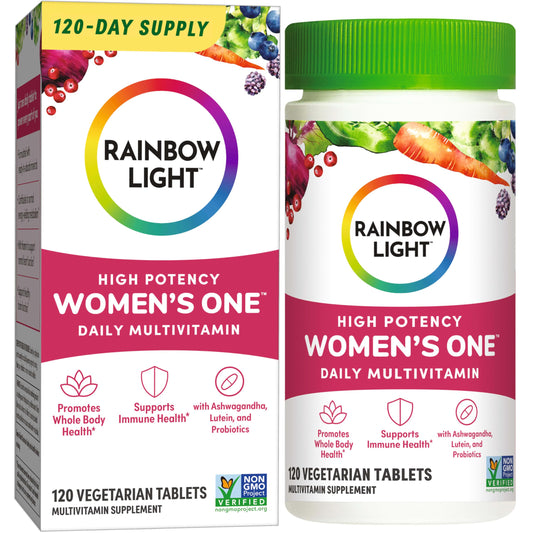 Rainbow Light Women's One powder tub showing daily multivitamin support.