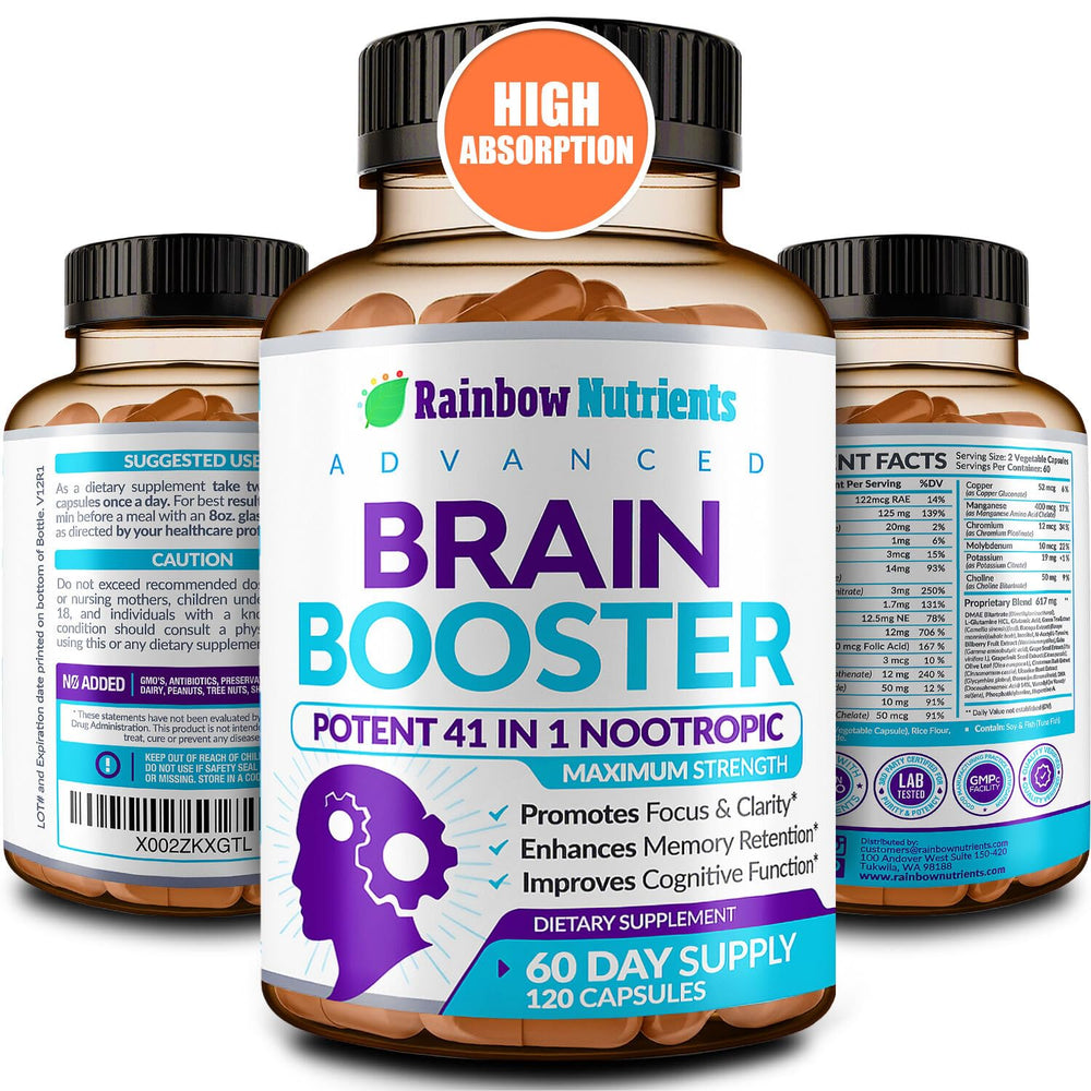 Rainbow Nutrients 40-in-1 bottle poured for focused work