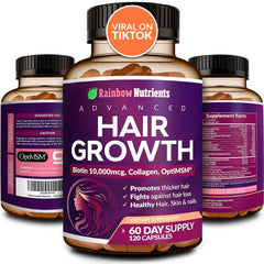 Rainbow Nutrients Hair Growth Vitamins bottle with label promotes healthy beauty routine
