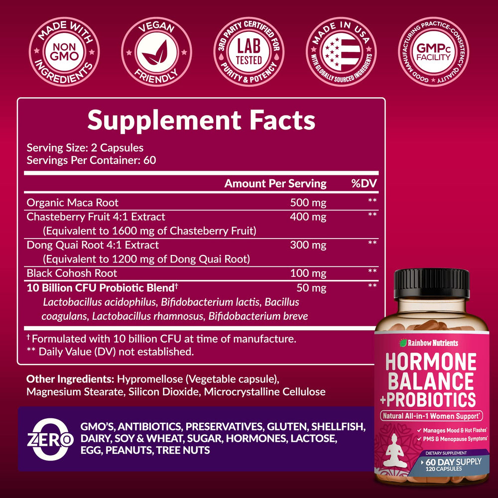 Closeup of Rainbow Nutrients Hormone Balance bottle highlighting 60-day supply
