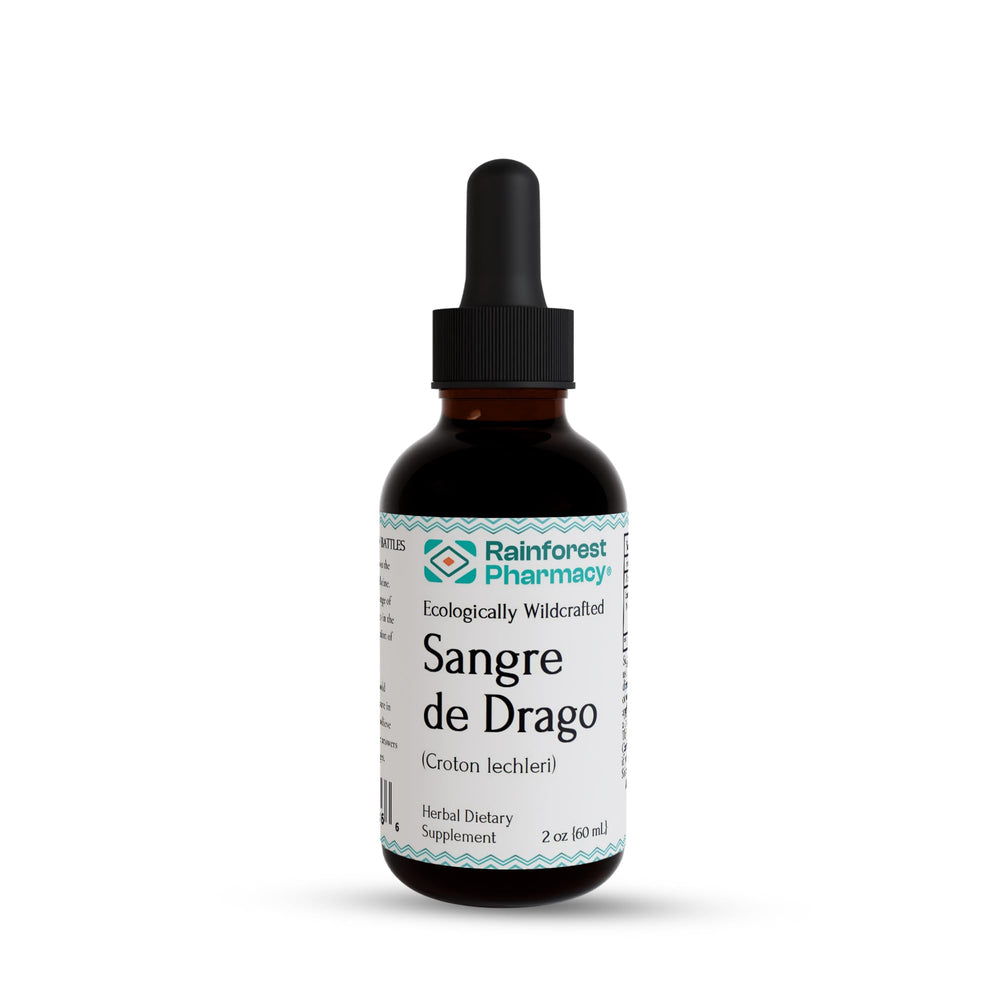 Rainforest Pharmacy Sangre de Drago bottle showcases pure dragon's blood sap for daily skin and digestive support