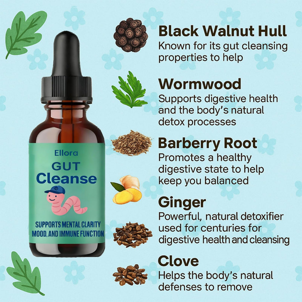Raipult Ellora Gut Cleanse Drops pouring into a glass for easy mixing.