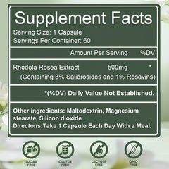 Raipult Floraviva Rhodiola capsules close-up highlighting 500mg extract