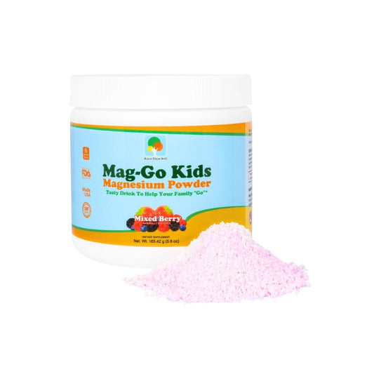 Raise Them Well Mag-Go Kids magnesium powder tub front for easy daily use and routine support.