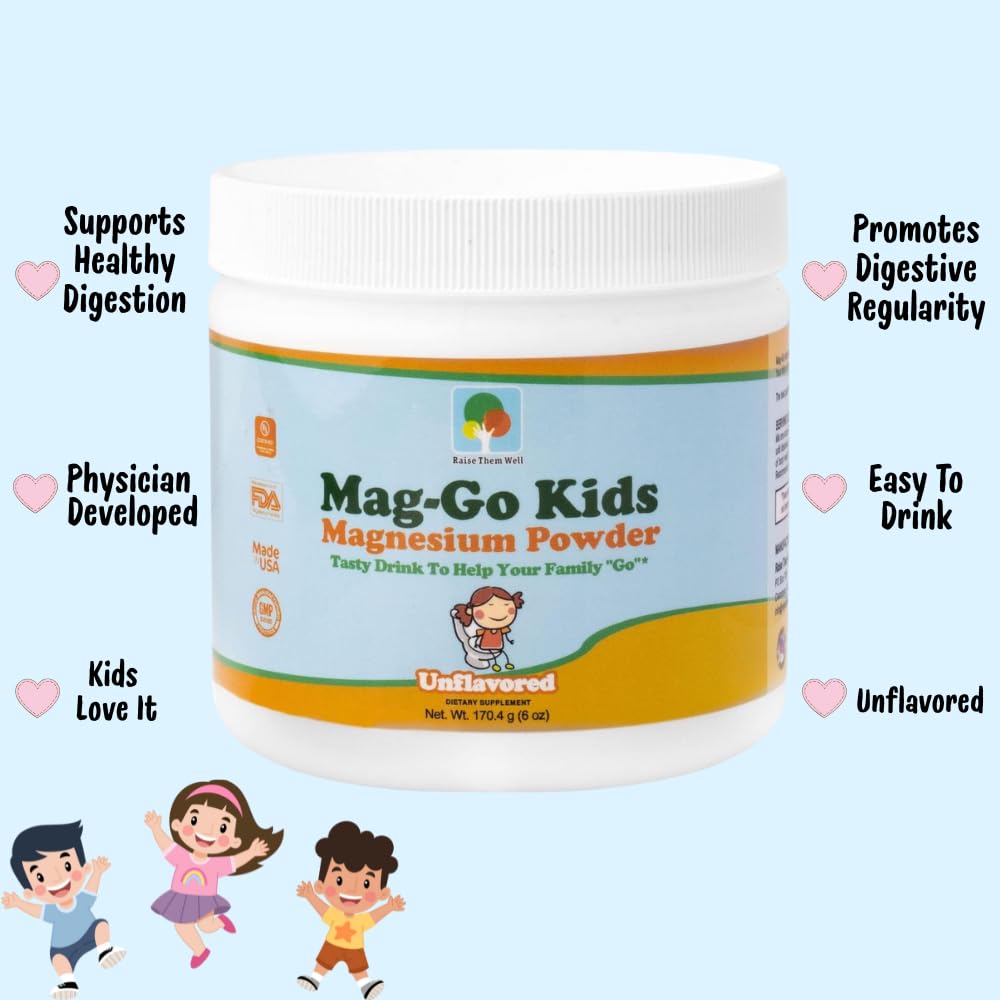 Raise Them Well Mag-Go Kids unflavored label closeup with clear dosage notes