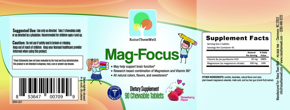 Raise Them Well magnesium focus chewables closeup showing kid-friendly strawberry flavor.