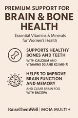 Raise Them Well Mom Multi+ ingredients chart featuring adaptogens and bacopa