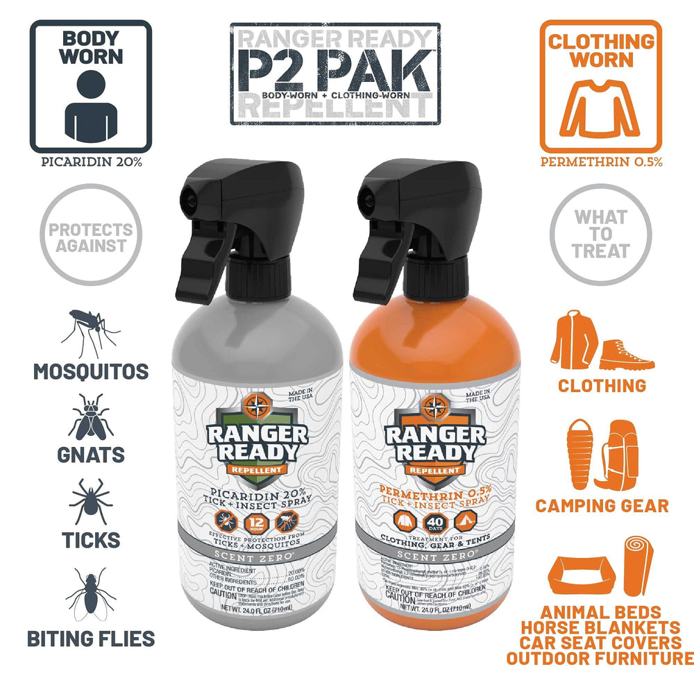 Ranger Ready P2Pak clothes spray bottle with 0.5% Permethrin for treated gear.