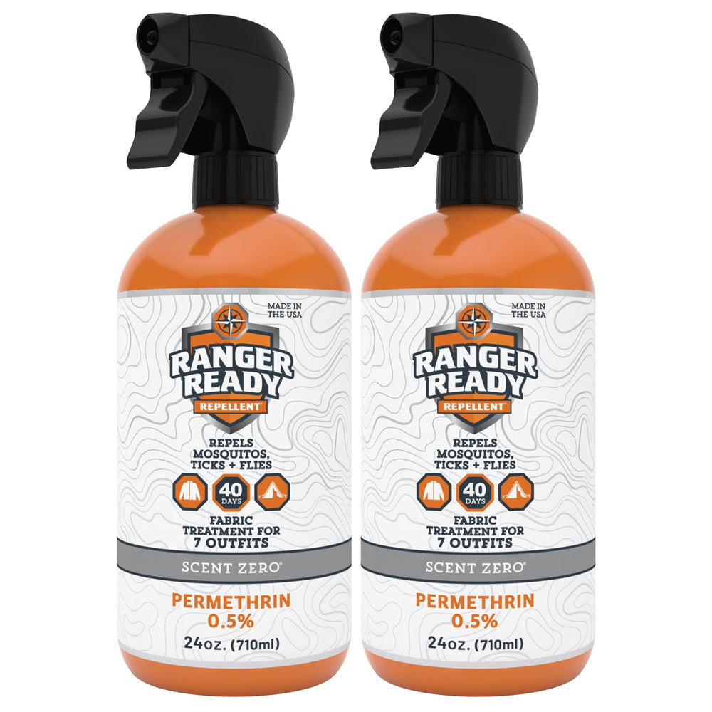 Ranger Ready Permethrin spray bottle shown for odorless clothing protection