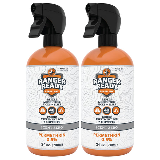 Ranger Ready Permethrin spray bottle shown for odorless clothing protection