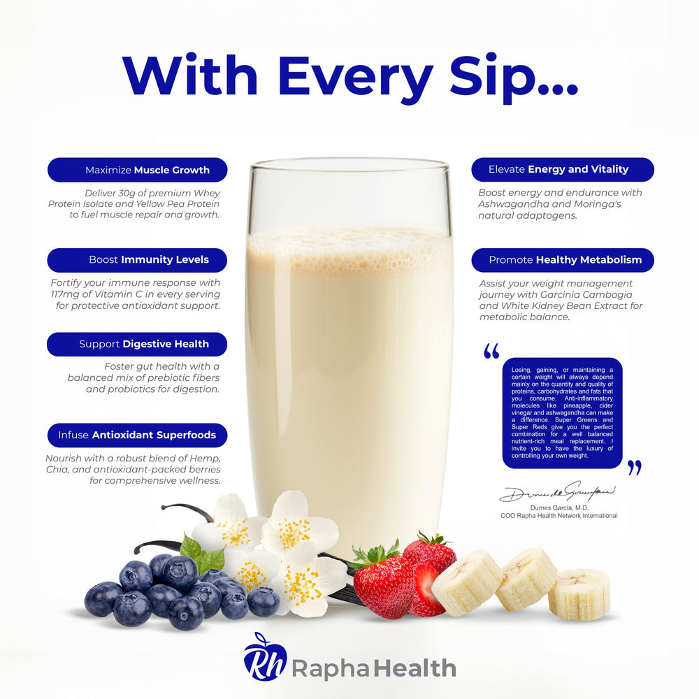 RAPHA HEALTH Protein blend jar label shows organic superfoods for immune support.