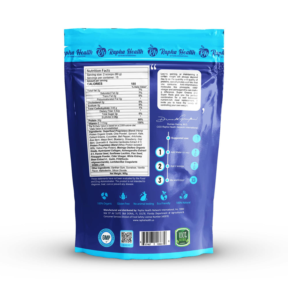RAPHA HEALTH Vanilla flavor close-up promotes tasty, versatile shakes.