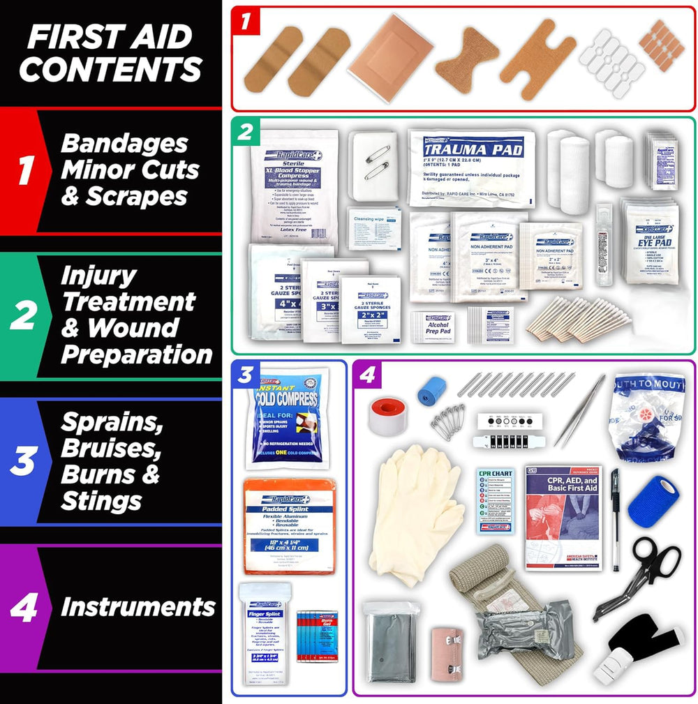 Rapid Care First Aid Kit bonus 95-piece travel pack fits car, backpack, or gym bag.