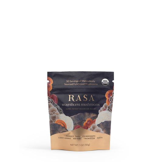 Rasa Magnificent Mushrooms powder jar front showing a concentrated extract blend for everyday use