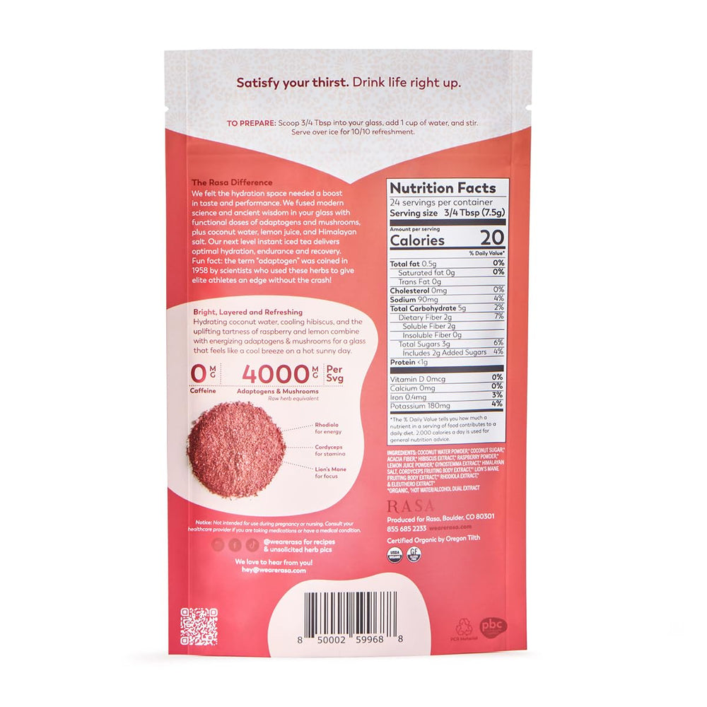 Rasa Raspberry Hibiscus Hydration eco-packaging highlights sustainable packaging.