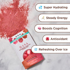 Rasa Raspberry Hibiscus Hydration glass with ice highlighting cooling refreshment.