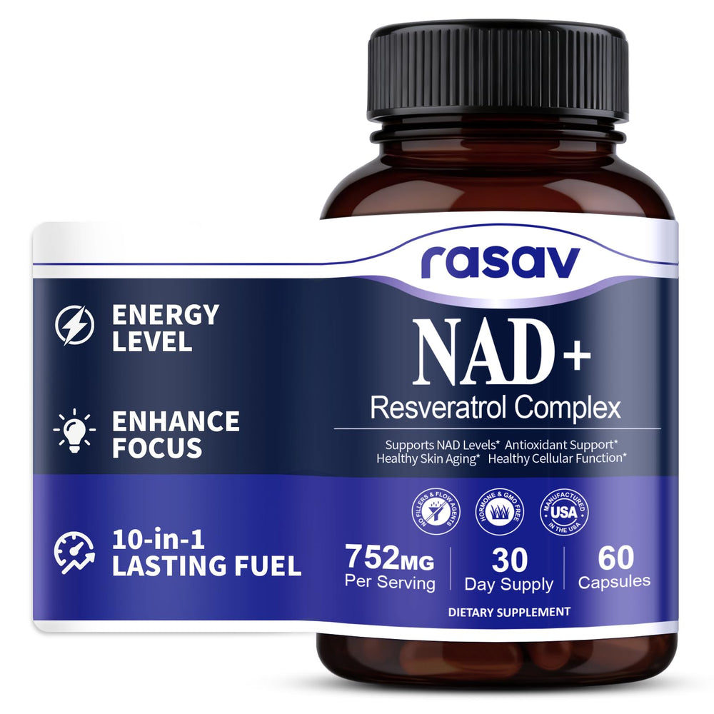 Rasav NAD Supplement 10-in-1 front bottle supports convenient daily energy.