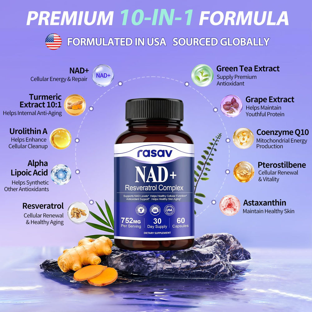 Rasav NAD Supplement 10-in-1 label closeup highlights premium actives for cellular wellness.