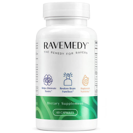 Ravemedy Rave bottle label shown for on-the-go recovery after festivals