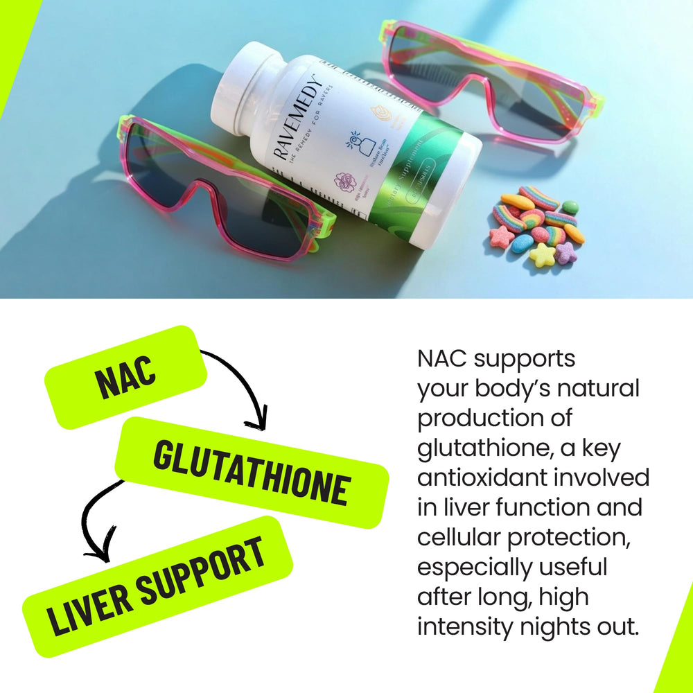 Sleep-friendly Ravemedy Rave formula shown on a nightstand