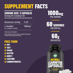 Detail of Raw Barrel No Bull L-Carnitine label highlighting non GMO and caffeine free