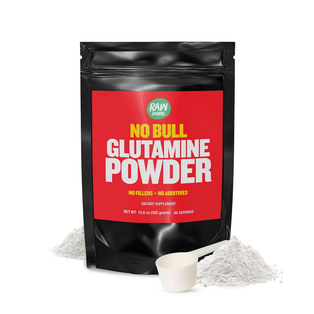 Raw Barrel No Bull L-Glutamine packaging shows flavor-free supplement.