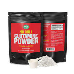 Raw Barrel No Bull L-Glutamine symbols indicate gluten-free and non-GMO.
