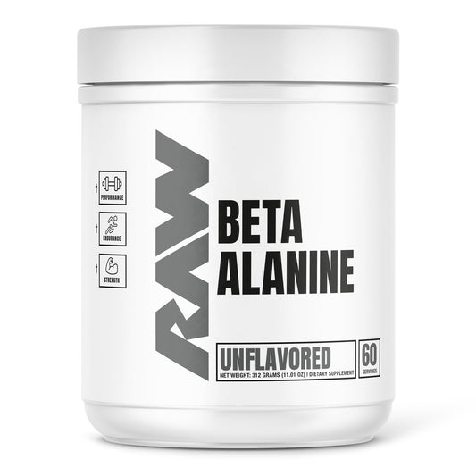 RAW Beta Alanine Powder bottle closeup highlighting premium pre-workout endurance support