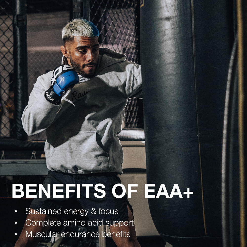 RAW EAA Plus ingredients close-up highlight the nine EAAs.