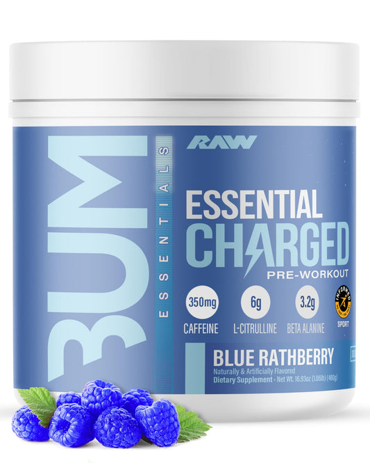 RAW Essential CHARGED bottle with blue raspberry flavor boosts focus and energy.