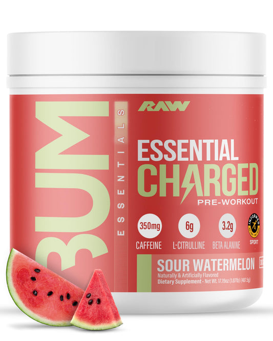 RAW Essential CHARGED tub label shows Sour Watermelon flavor for focused workouts