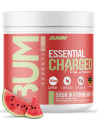 RAW Essential CHARGED tub label shows Sour Watermelon flavor for focused workouts