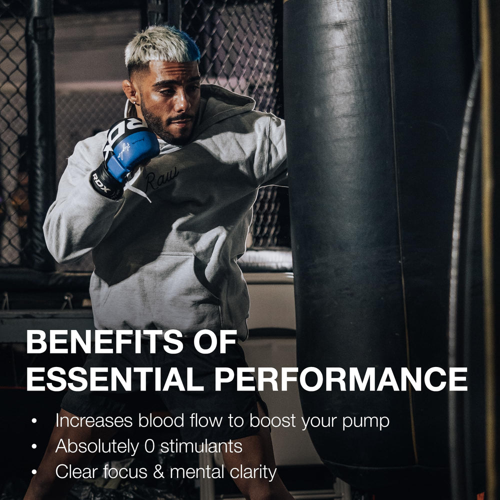 RAW Essential Performance ingredients panel highlights creatine, l-citrulline, and beta-alanine.