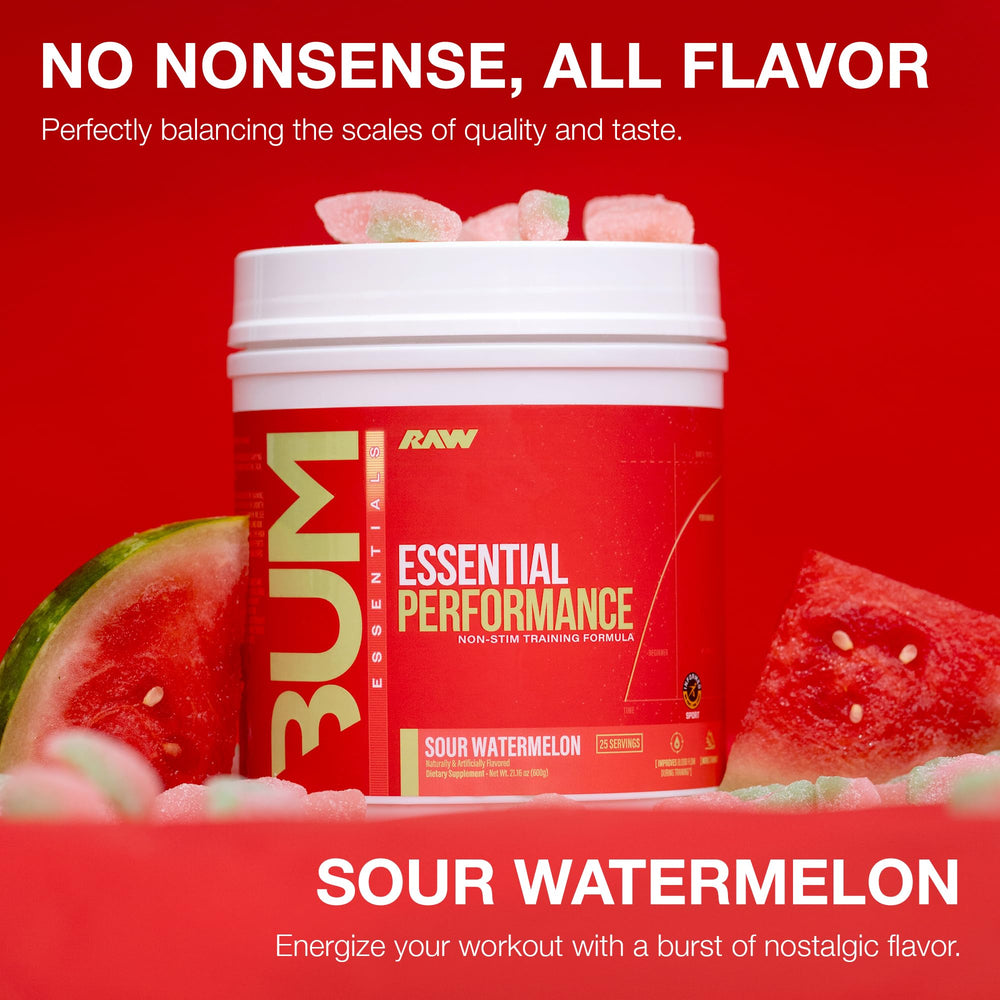 RAW Essential Performance pour image shows powder dissolving quickly in water.