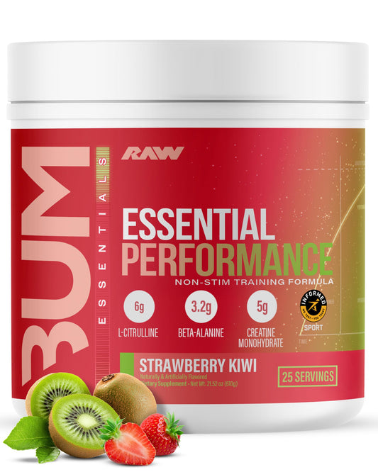 RAW Essential Performance pre-workout powder bottle with strawberry kiwi flavor for steady non-stim energy.